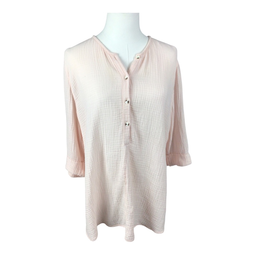 Pure Jill Light Pink Women's Gauze Henley Top Large 3/4 Sleeve 100% Cotton